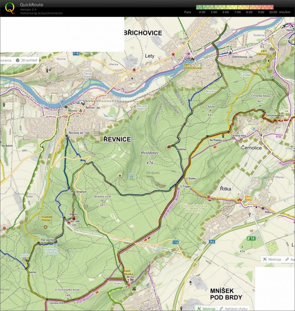 GPS záznam výběhu. 25.8Km, 2 a půl hodiny čistého času běhu.